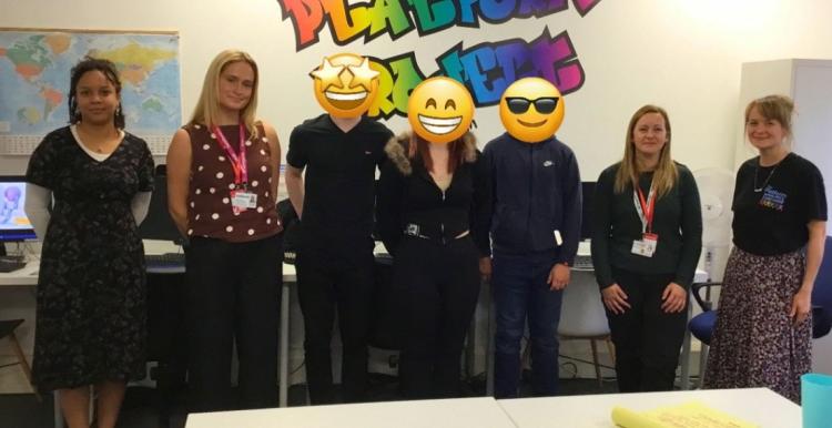 Members of Healthwatch Swindon and Platform Project. Three young people's faces are covered with emojis.