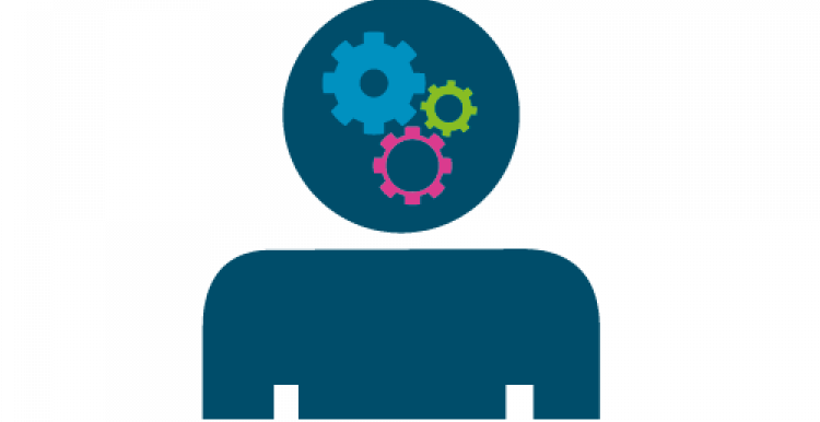 Blue figure with colourful cogs in their head 