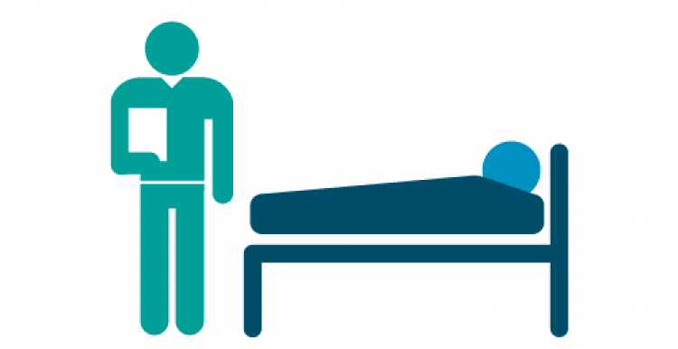 Infographic of a figure in a bed with a nurse or carer holding a clipboard at the foot of the bed