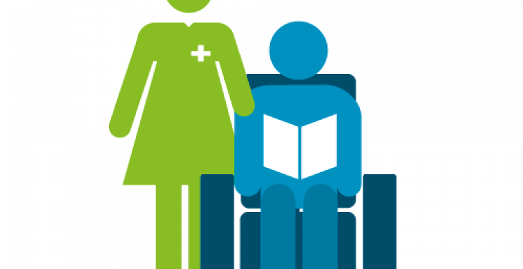 Infographic of a nurse or occupational therapist standing next to a patient sitting in a chair