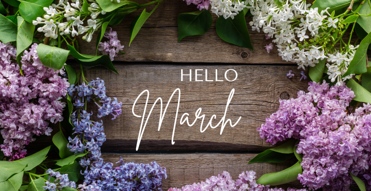 Hello March, with flowers around the words