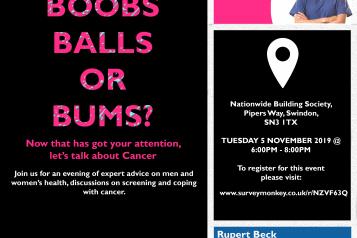 Boobs Bums and Balls cancer event poster for Old Town Surgery and Nationwide Building Society on 5 November 2019