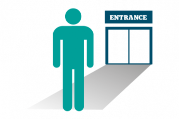 Infographic of a figure standing in front of an entrance to what could be a GP or hospital
