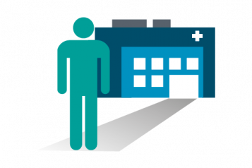 Graphic of a person standing in front of a hospital