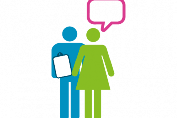 Colourful graphic of a person holding a clipboard with another person next to them as though in conversation