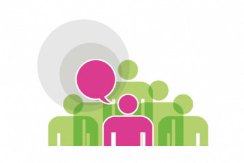 Infographic of colourful speech bubbles representing a meeting or lots of people talking and discussing