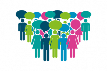 Colourful infographic showing people with speech bubbles
