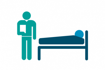 Infographic of a figure in a bed with a nurse or carer holding a clipboard at the foot of the bed