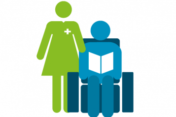 Infographic of nurse or carer standing up next to a figure sitting on a chair