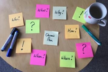 Picture of table with post it notes. Main one reading chronic pain and others reading where? when?