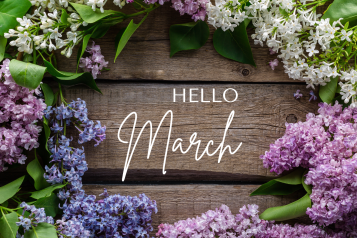 Hello March, with flowers around the words