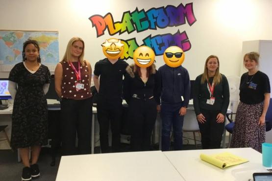 Members of Healthwatch Swindon and Platform Project. Three young people's faces are covered with emojis.