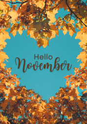 Hello November, leaves on blue background. 