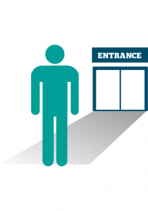 Infographic of a figure standing in front of an entrance to what could be a GP or hospital